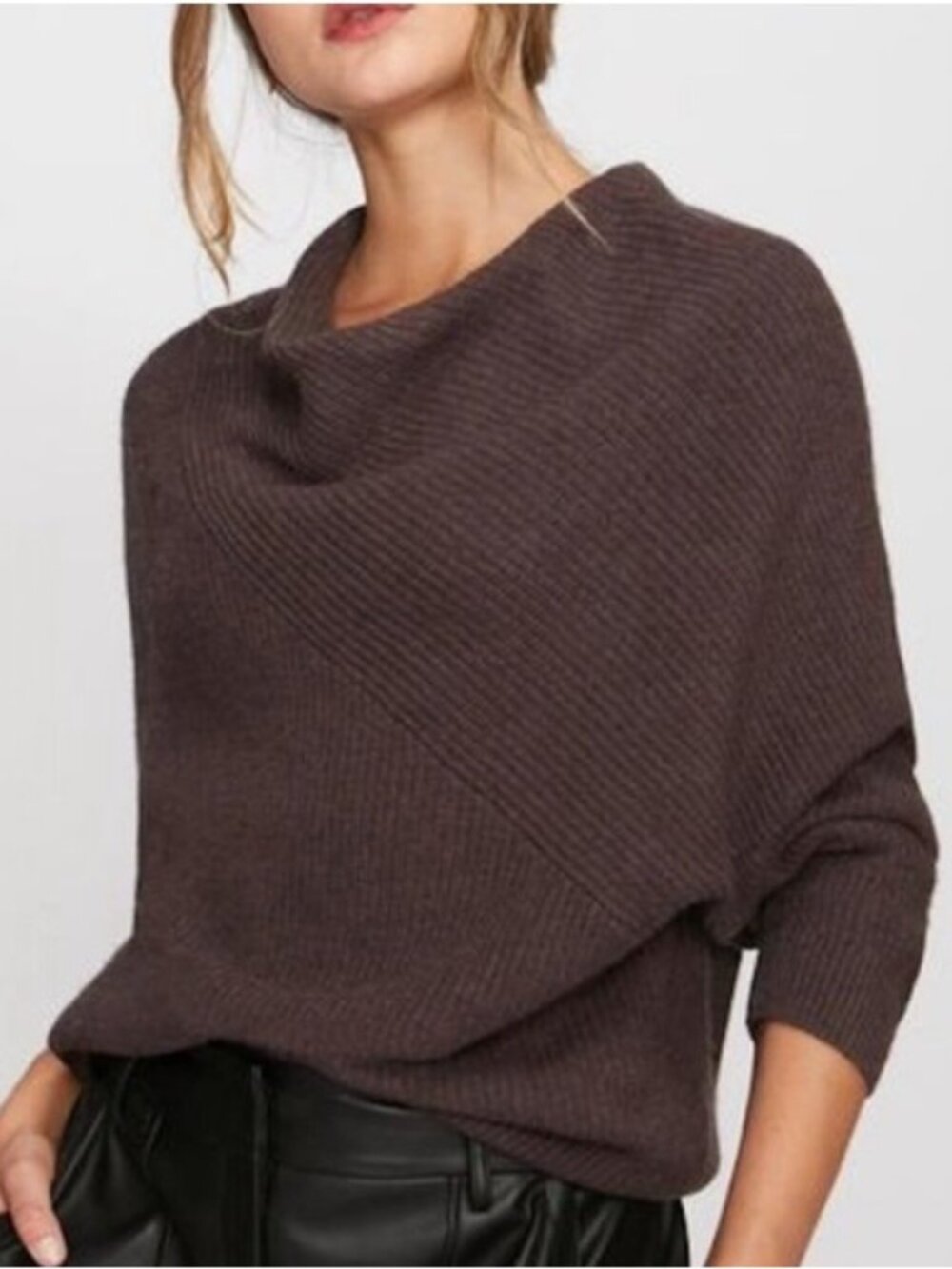 NWOT Brochu Walker Brown Wool Blend Cowl Neck Ribbed Sweater XS FVA3110